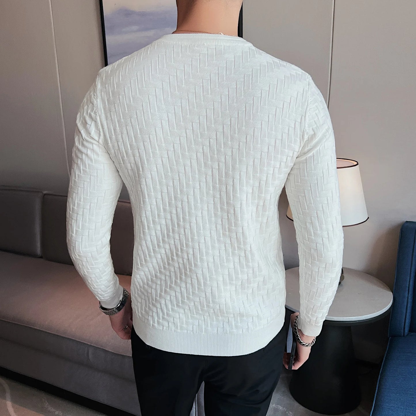 2025 Stretchable Jacquard Woven Winter Crew Neck Sweater Men's Slim Fit Pullover Knitwear Blue, Fashionable Check Pattern