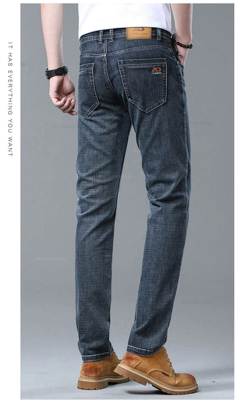 Spring Men's Light Blue Slim Jeans Stylish Casual Stretch Fabric Denim Pants Classic Trousers Smoke Gray