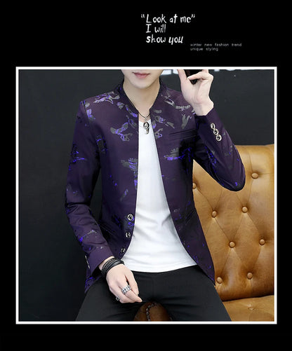 Men's Printed Small Suit Male Korean Version of The Self-cultivation Stand-up Collar Chinese Tunic Casual Suit Thin Jacket Youth