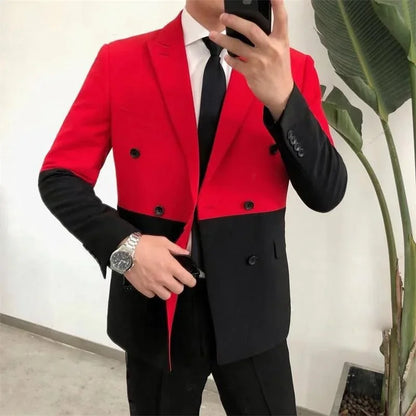 Men's Blazer Hombre Semi-Black Red White Double-Breasted Blazer Masculino Slim Wedding Prom Fashion Stitching Men's Blazer Men