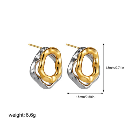 Geometric Stainless Steel Gold Sliver Color Bilayer Stud Earring for Women Irregular Metal Texture Fashion Jewelry Gift