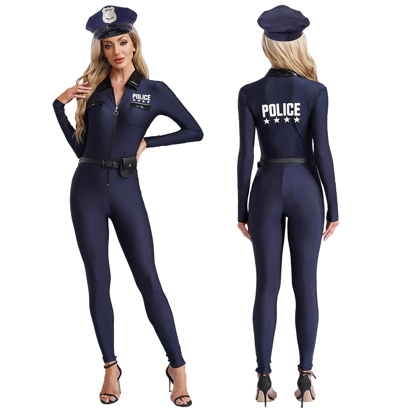 Women Police Cosplay Costume Long Sleeve Zip Up Overall Jumpsuit with Bag Belt Career Theme Party Rave Dance Bodysuits