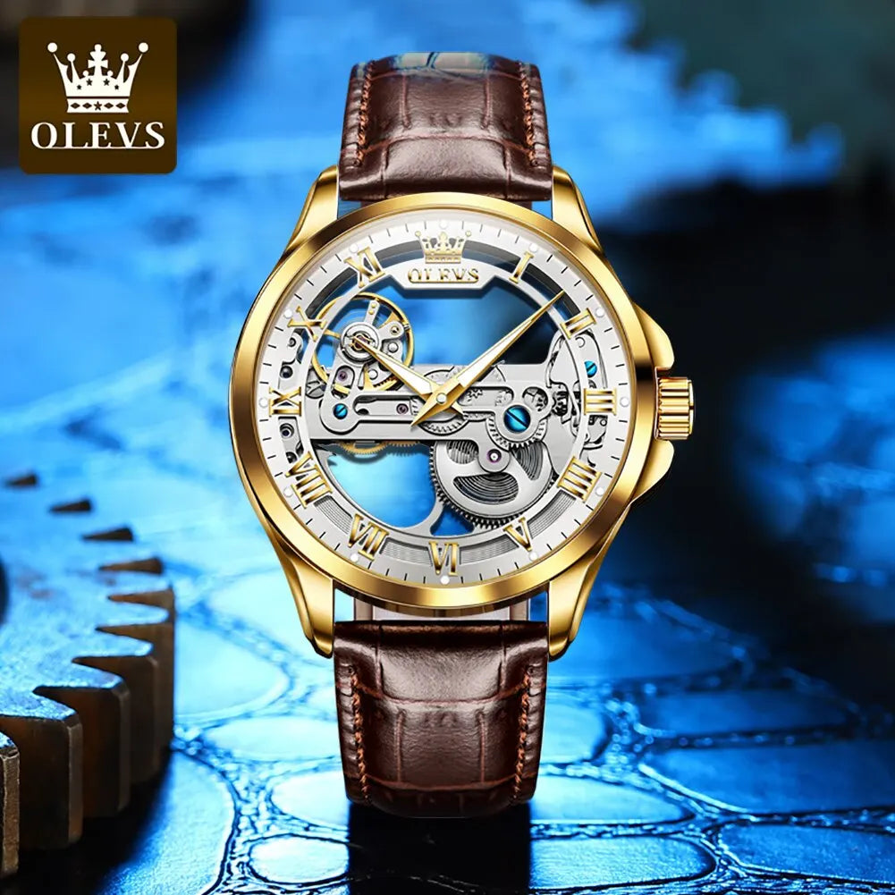 OLEVS Luxury Men Watches Automatic Mechanical Wristwatch Skeleton Design Waterproof Leather Strap Male Watch Reloj Hombre