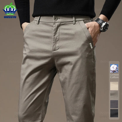 New High Quality Combed Cotton Casual Pants Men Thick Solid color Business Fashion Straight Fit Chinos Gray Brand Trousers Male