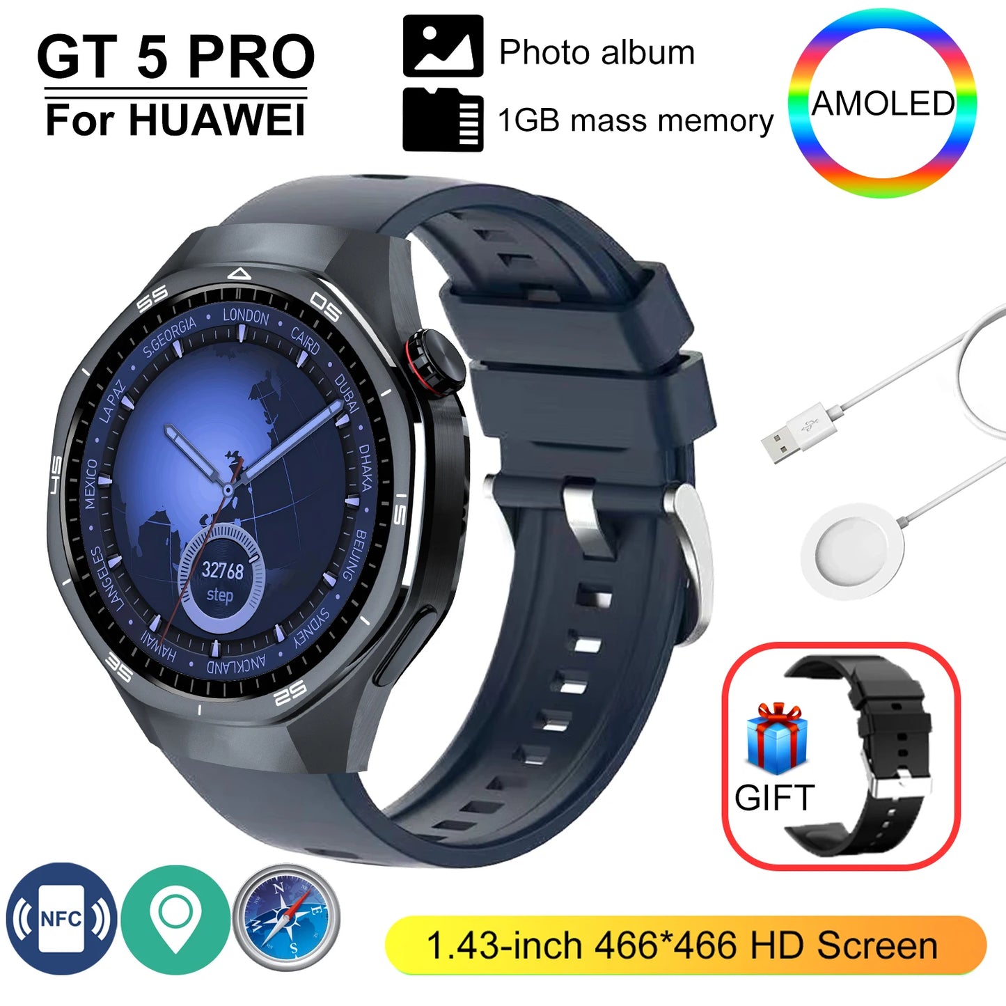 New GT 5 Pro Smart Watch Men Women 1GB Memory 466*466 HD Screen SmartWatch Heart rate Blood oxygen GPS tracker NFC Smartwatch