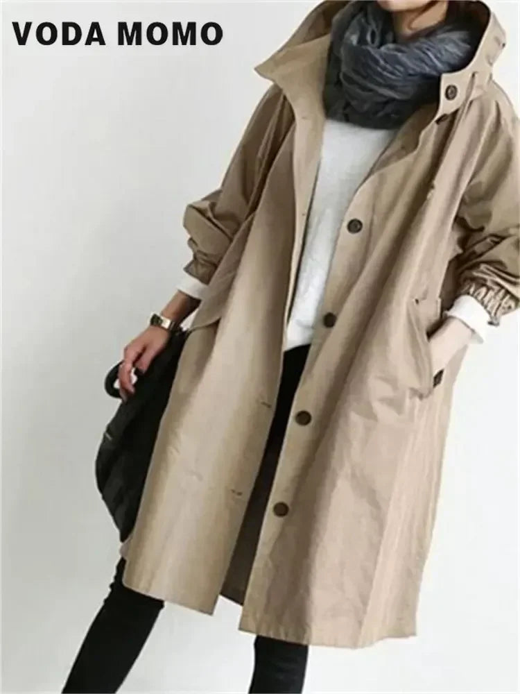 2025 Spring Autumn Casual Korean Fashion Hooded Medium Long Overcoat Loose Windproof Coat Women Trench Coat Solid Color Pocket