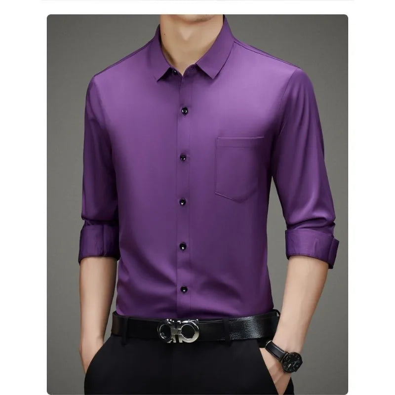 100% Mulberry Silk Shirt Men High Quality Long Sleeve Pocket High-end Business Casual Elastic Anti-wrinkle Non-iron Mens Shirts