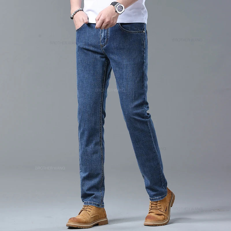 Spring Men's Light Blue Slim Jeans Stylish Casual Stretch Fabric Denim Pants Classic Trousers Smoke Gray