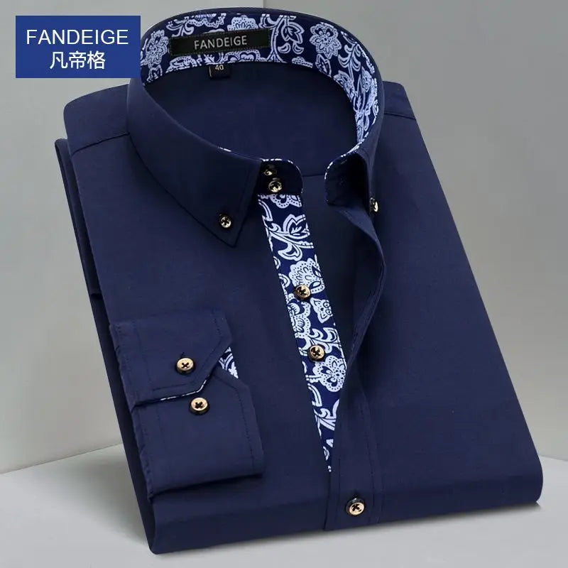 Blue and White Men's Dress Collar Shirt Long Sleeve Solid Color Printing Casual Business Slim Fit Cotton Shirts Anti-Wrinkle