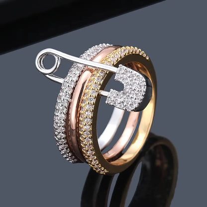 Pin Ring Three Layer Zircon Series Hip Hop Style Stainless Steel New Year Gift Party Jewelry Ring