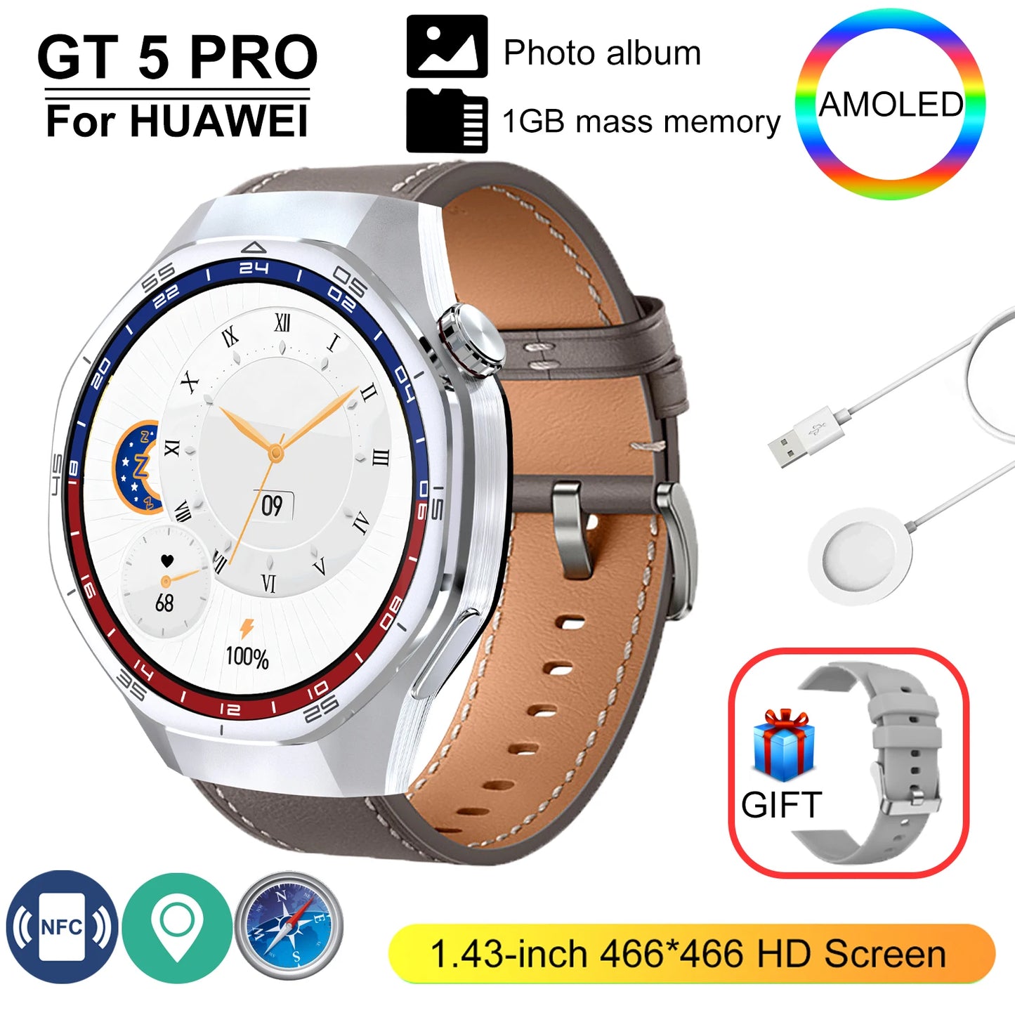 New GT 5 Pro Smart Watch Men Women 1GB Memory 466*466 HD Screen SmartWatch Heart rate Blood oxygen GPS tracker NFC Smartwatch