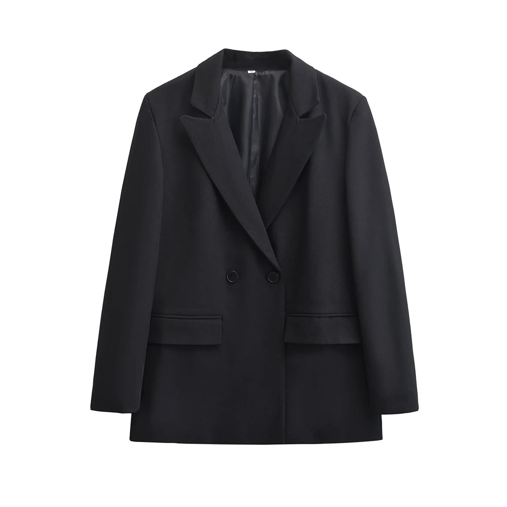 TRZA-Women's Double Breasted Office Wear Blazer Coat, Long Sleeve, Flap Pockets, Female Outerwear, Chic Tops, Fashion