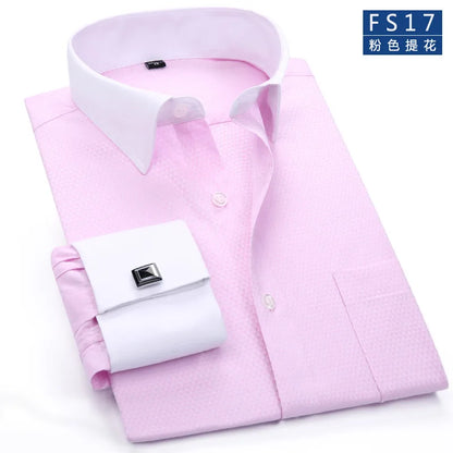 M~6XL Men's French Cuff Dress Shirt White Long Sleeve Social Male Shirts Regular Fit Party Dinner Wedding Cufflinks Formal Shirt