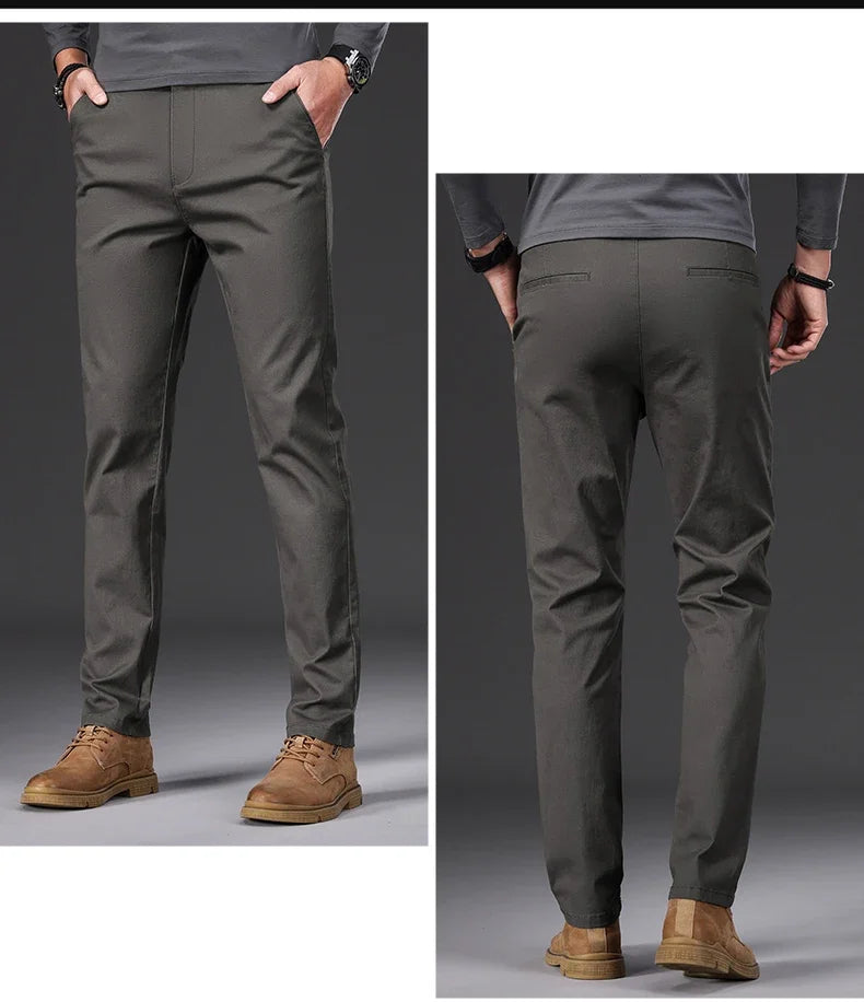 97% Cotton Men's Casual Pants Autumn Fashion Comfortable Elastic Slim Straight Business Trousers Black ArmyGreen Khaki