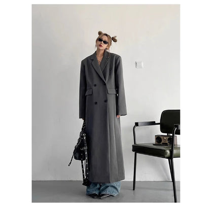 Lautaro Spring Autumn Long Grey Black Trench Coat for Women Double Breasted Loose Casual Korean Fashion Clothing Blazer 2025