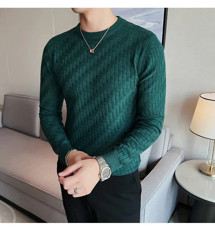 2025 Stretchable Jacquard Woven Winter Crew Neck Sweater Men's Slim Fit Pullover Knitwear Blue, Fashionable Check Pattern