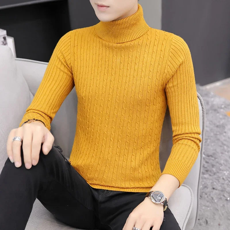 2025 Korean Slim Solid Color Turtleneck Sweater Mens Winter Long Sleeve Warm Knit Sweater Classic Solid Casual Bottoming Shirt