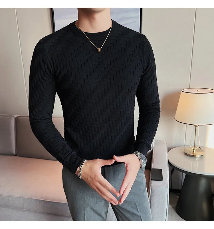 2025 Stretchable Jacquard Woven Winter Crew Neck Sweater Men's Slim Fit Pullover Knitwear Blue, Fashionable Check Pattern