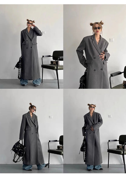 Lautaro Spring Autumn Long Grey Black Trench Coat for Women Double Breasted Loose Casual Korean Fashion Clothing Blazer 2025