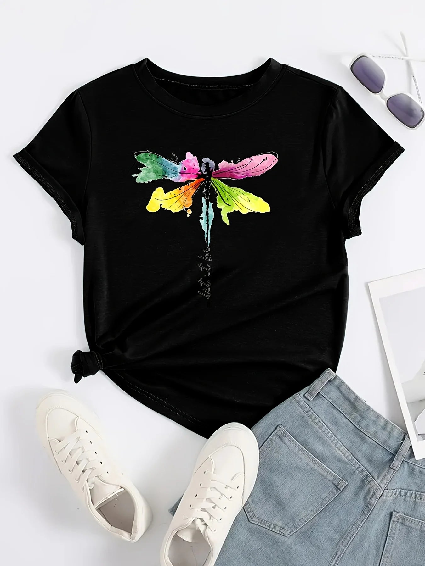 Dragonfly Print Crew Neck T-Shirt, Casual Short Sleeve T-Shirt For Spring & Summer, Women's Clothing