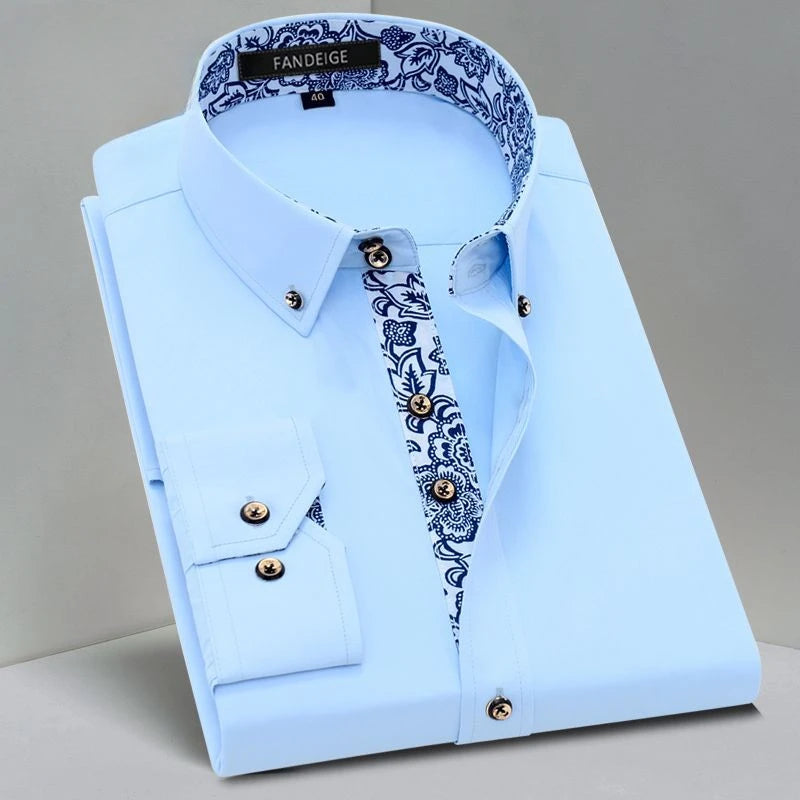 Blue and White Men's Dress Collar Shirt Long Sleeve Solid Color Printing Casual Business Slim Fit Cotton Shirts Anti-Wrinkle