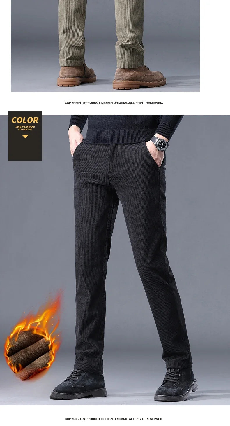 Fleece Men's Corduroy Casual Pants Chenille Stretch Solid Color Business Trousers Thickened Warm Winter Thermal Male Clothing