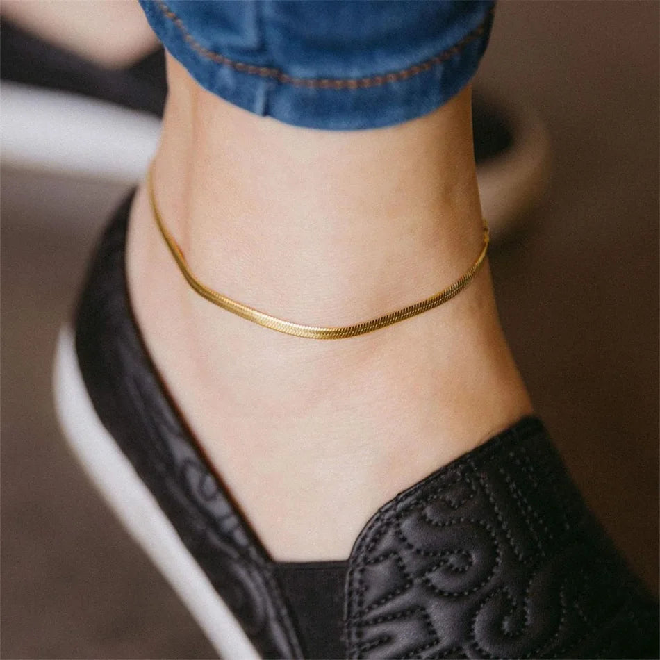 Kkjoy Simple Stainless Steel Gold Color Blade Chain Anklets For Women Snake Bone Leg Chains Beach Jewelry Party Gift Wholesale