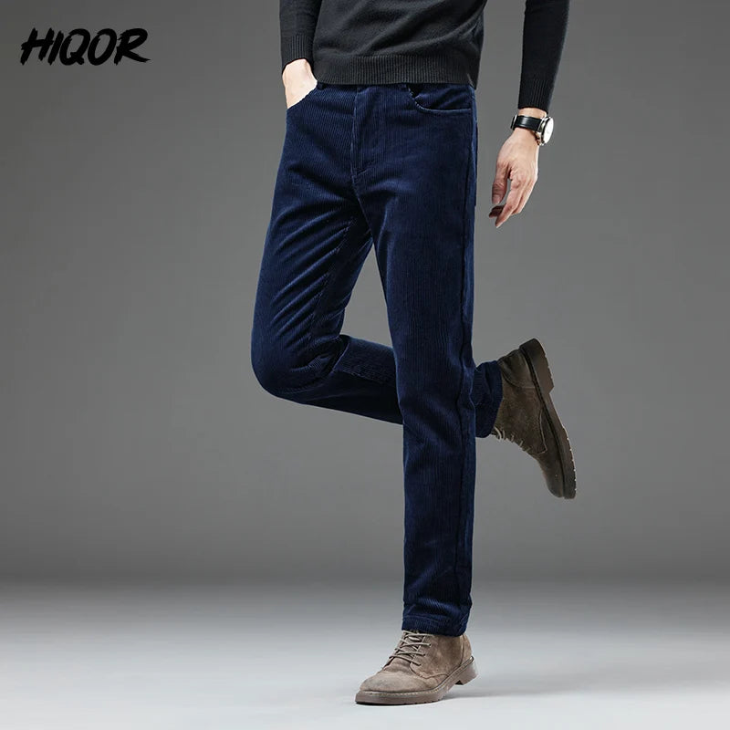 HIQOR Men's Corduroy Man Pants Winter Thick Warm Business Straight Casual Trousers Fashion Korean Fleece Green Baggy Pants Male