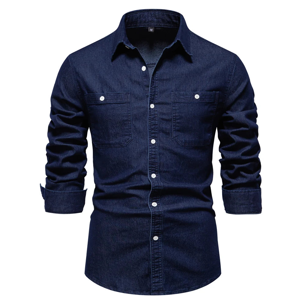 2023 New Autumn Men's Denim Shirt Cotton Elastic Casual Social Design Double Pockets Slim Jeans Shirts for Men