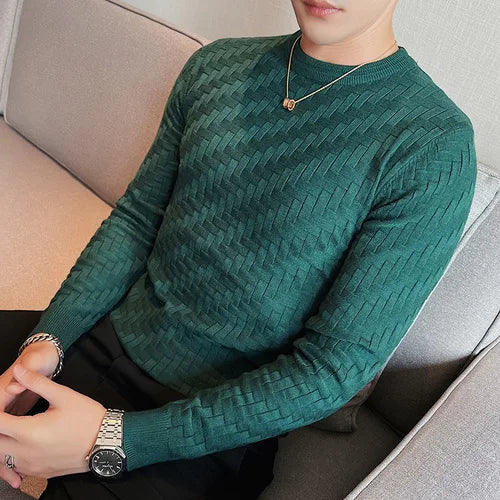 2025 Stretchable Jacquard Woven Winter Crew Neck Sweater Men's Slim Fit Pullover Knitwear Blue, Fashionable Check Pattern