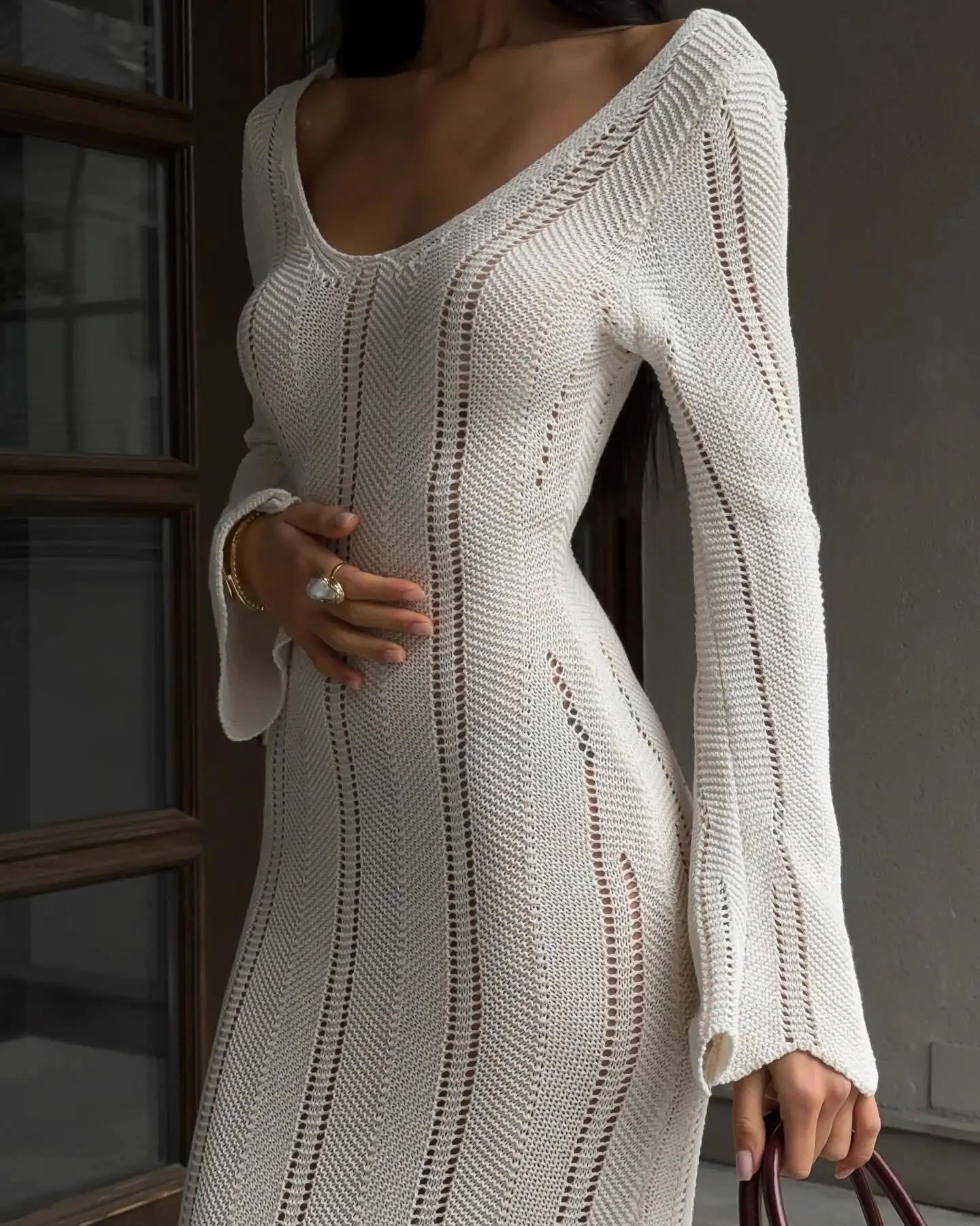 Articat Elegant Knitted Sweater Long Sleeved V-neck Dress Women Slim Hollow Out Female Vesidos Party Club Evening Dress Vacation