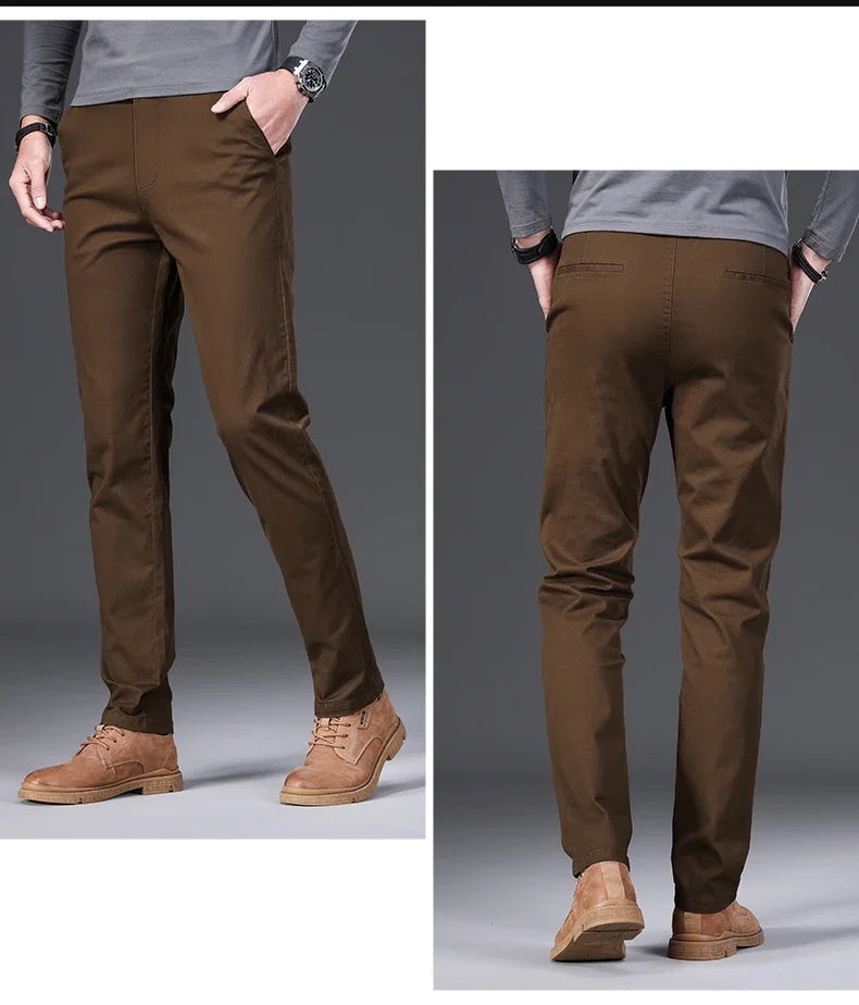 97% Cotton Men's Casual Pants Autumn Fashion Comfortable Elastic Slim Straight Business Trousers Black ArmyGreen Khaki