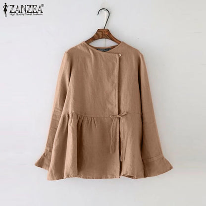 2025 ZANZEA Fashion Vintage Women Long Flare Sleeve Blouse Spring Cotton Shirt Casual Work Blusas Mujer Solid Lace Up Tops Tunic