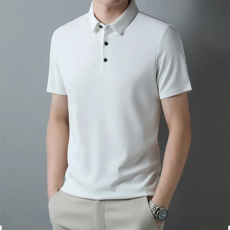 Men's Fashion Waffle Solid Short Sleeved Polo Shirt Summer Breathable Comfortable Top