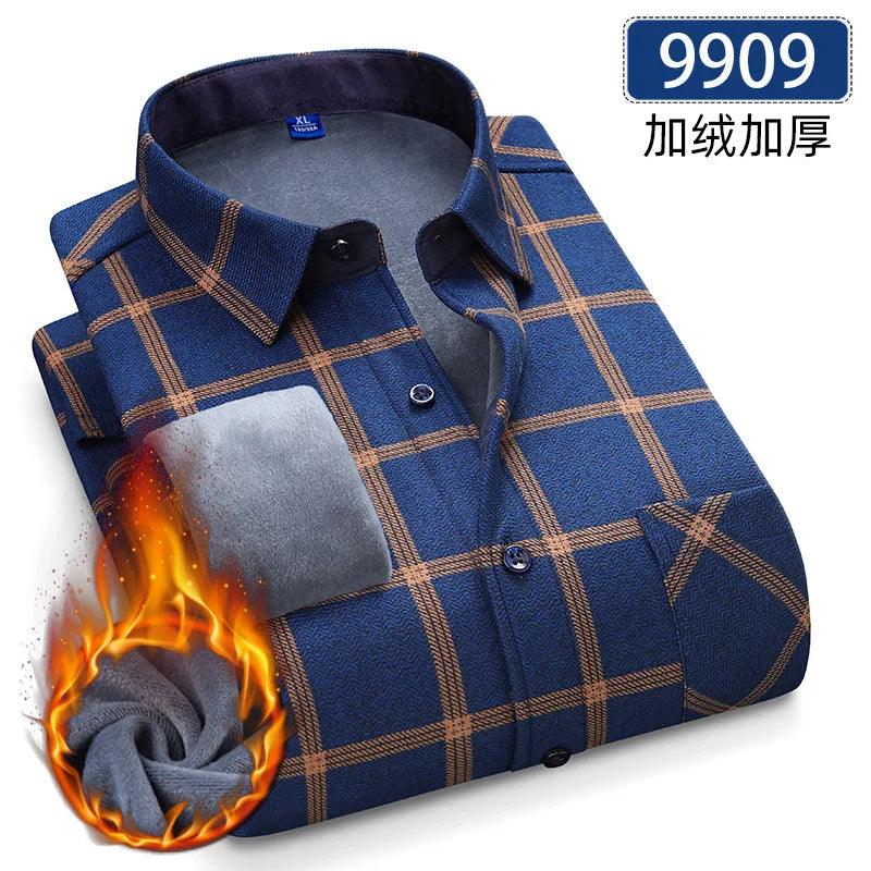 New 5XL men's shirt autumn and winter plus fleece thickened warm long sleeve non-ironing plaid business casual slim-fit fashion