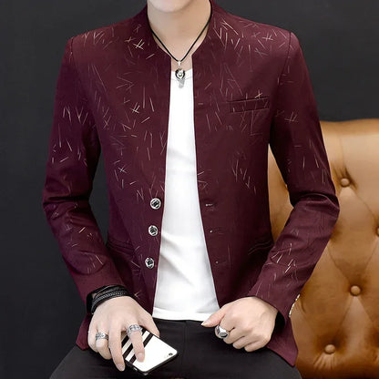 Men's Printed Small Suit Male Korean Version of The Self-cultivation Stand-up Collar Chinese Tunic Casual Suit Thin Jacket Youth