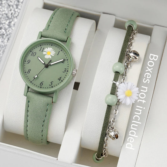 Fashion 2pcs/set Women's Daisy Dial Leather Watch&Green Flower Bracelet