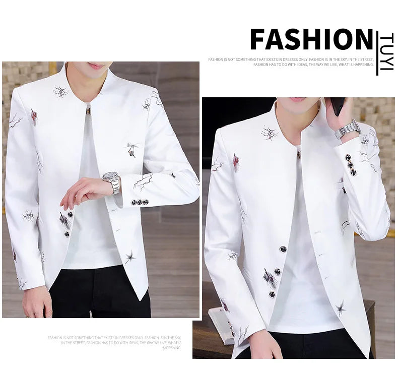 Men's Printed Small Suit Male Korean Version of The Self-cultivation Stand-up Collar Chinese Tunic Casual Suit Thin Jacket Youth