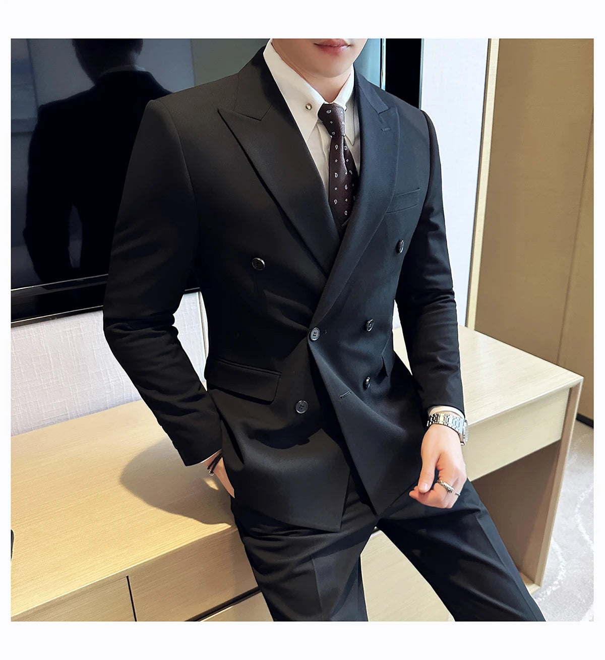 British Style Double Breasted Design Men's Suit Formal Business Slim Fit Casual Suits Sets Men Wedding Party Tuxedo 3 Pieces Set