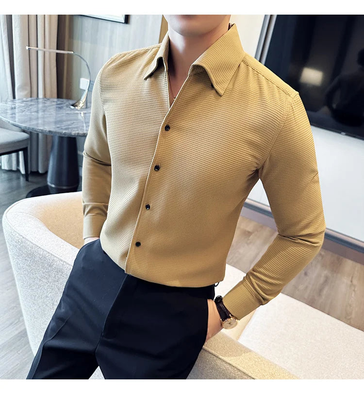 Autumn Solid Color Waffle Shirt Men Slim Fit V Neck Long Sleeve Casual Business Formal Dress Shirts Social Party Streetwear 4XL