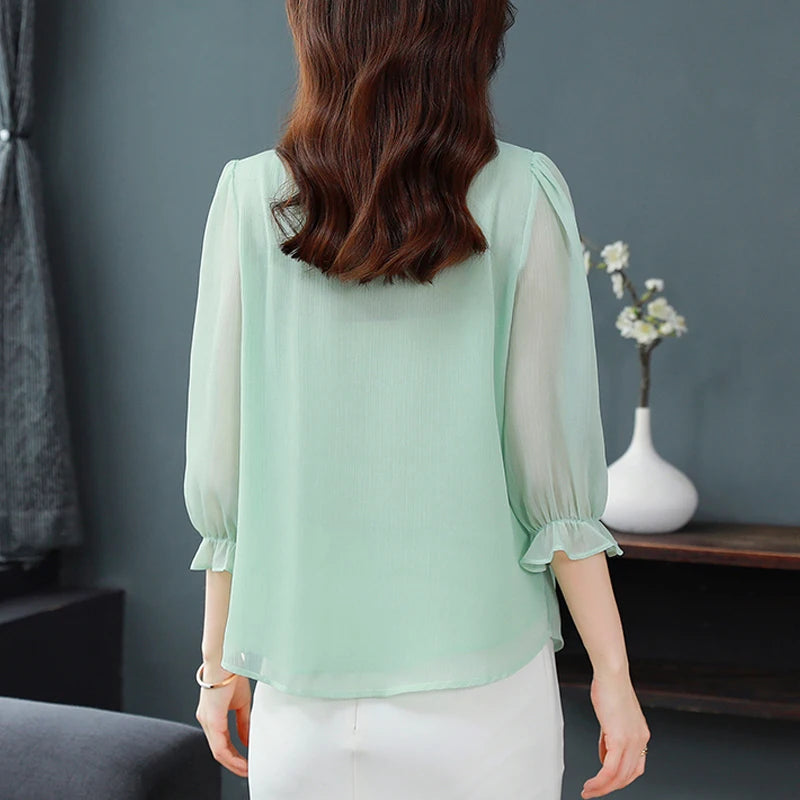 M-4XL Spring Summer Women Tops 2025 New Fashion Chiffon Blouse Petal Collar Half Sleeve Bow tie Loose Casual Shirt