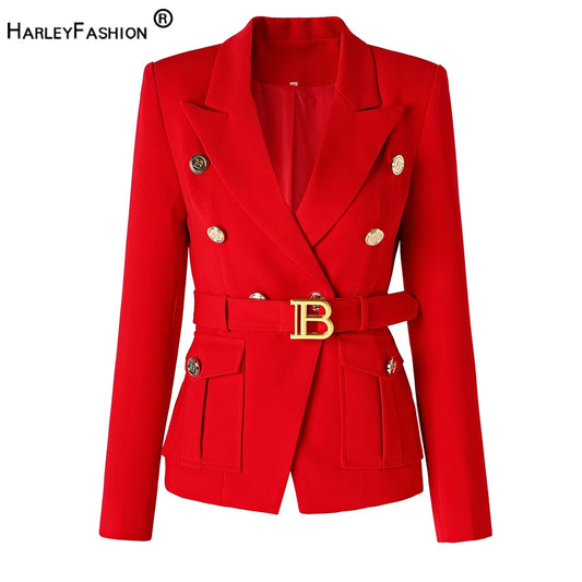 New Fall Party Red Women Pockets Jackets Slim Design Chic Lady Gorgeous Blazer with Belt