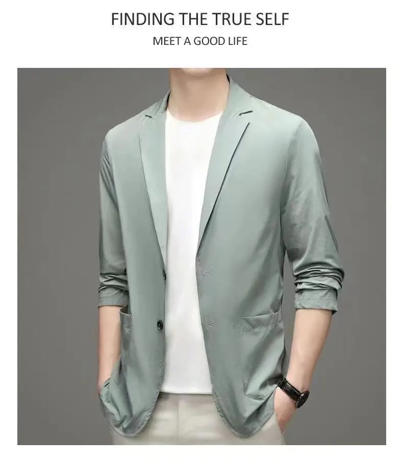 Spring Summer Men Ice Silk Thin Casual Sunscreen Blazer Fashion Casual Male Clothes Long Sleeve Big Size Slim Solid Blazers Coat