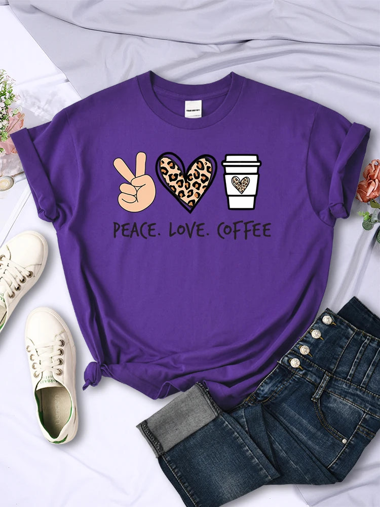 Peace Love Coffee Prints Women Tshirts Cotton High Quality T-Shirts Brand Breathable Tees Shirts Street O-Neck Tshirt For Women