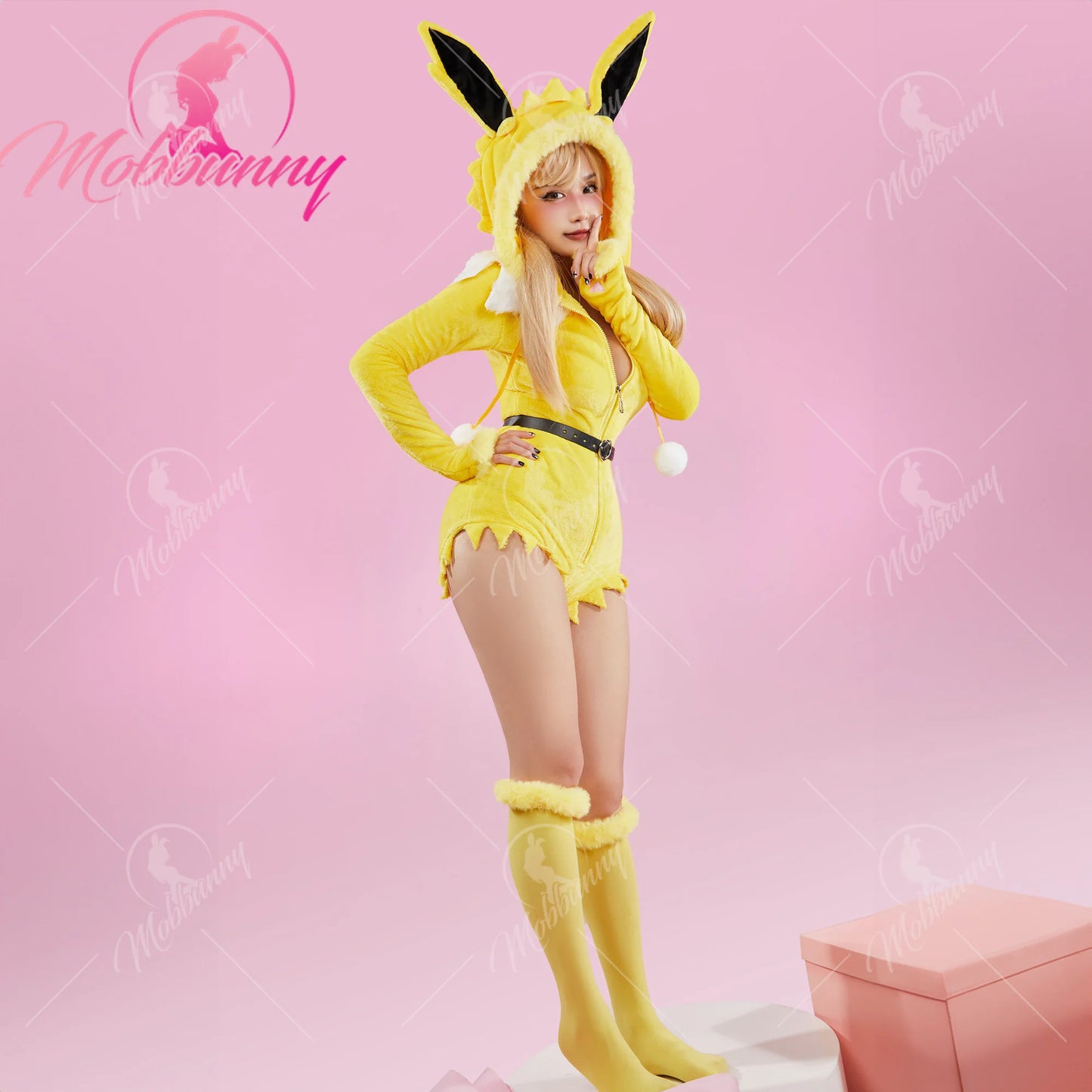 Mobbunny PM Derivative Cosplay Costume Women Sexy Lingerie Bodysuit Plush Hooded Romper and Socks with Belt and Scarf  Halooween