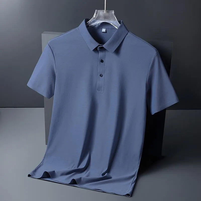 Golf Solid Ice Silk Traceless Silk Loose Polo Shirt Short Sleeve T-shirt Men's Elastic Ironless Thin Polo Neck Light Luxury