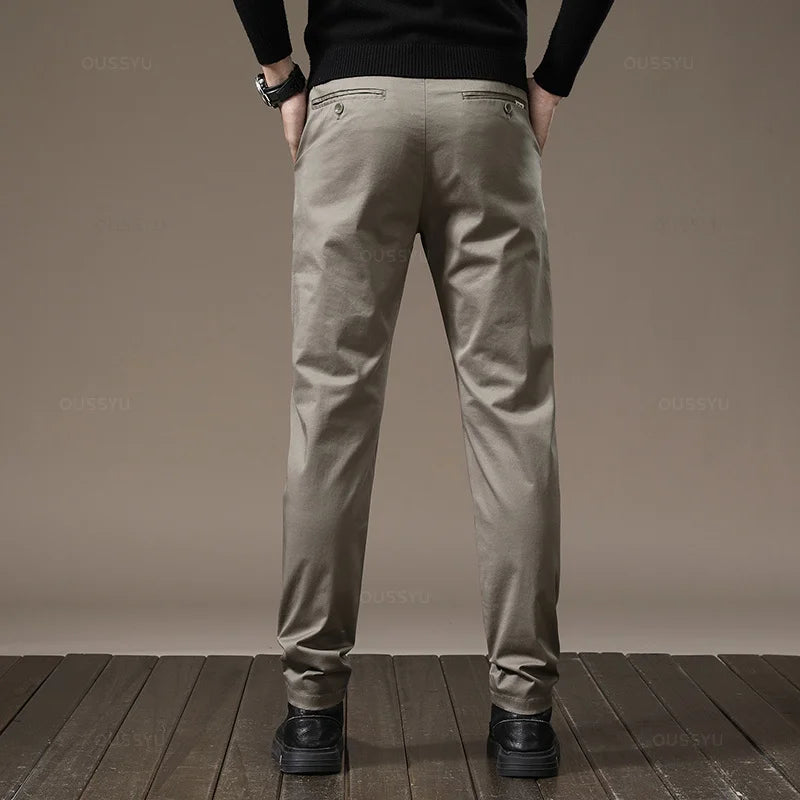 New High Quality Combed Cotton Casual Pants Men Thick Solid color Business Fashion Straight Fit Chinos Gray Brand Trousers Male