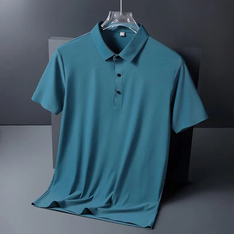 Golf Solid Ice Silk Traceless Silk Loose Polo Shirt Short Sleeve T-shirt Men's Elastic Ironless Thin Polo Neck Light Luxury