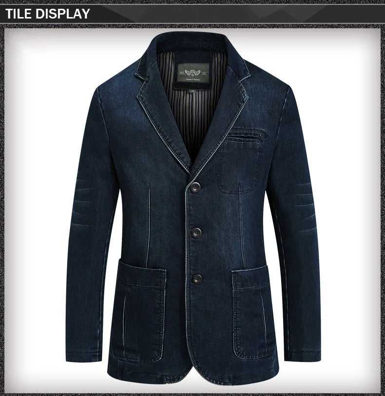 Men's New Blue Denim Suit Jacket with Loose Long Sleeved Design V-neck Casual Coats Black Gray Blazers M-XXXXL