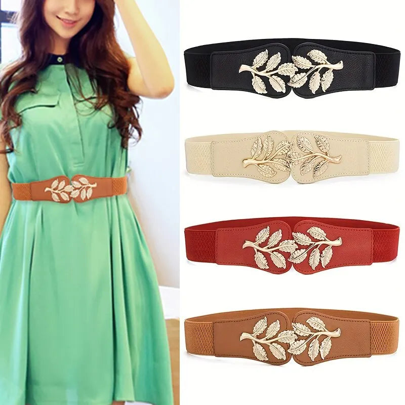 Women's Waist Cover Fashionable Gold Leaf Elastic Waist Closure With Double Hook Buckle Wide Belt Paired With Skirt Women Belt